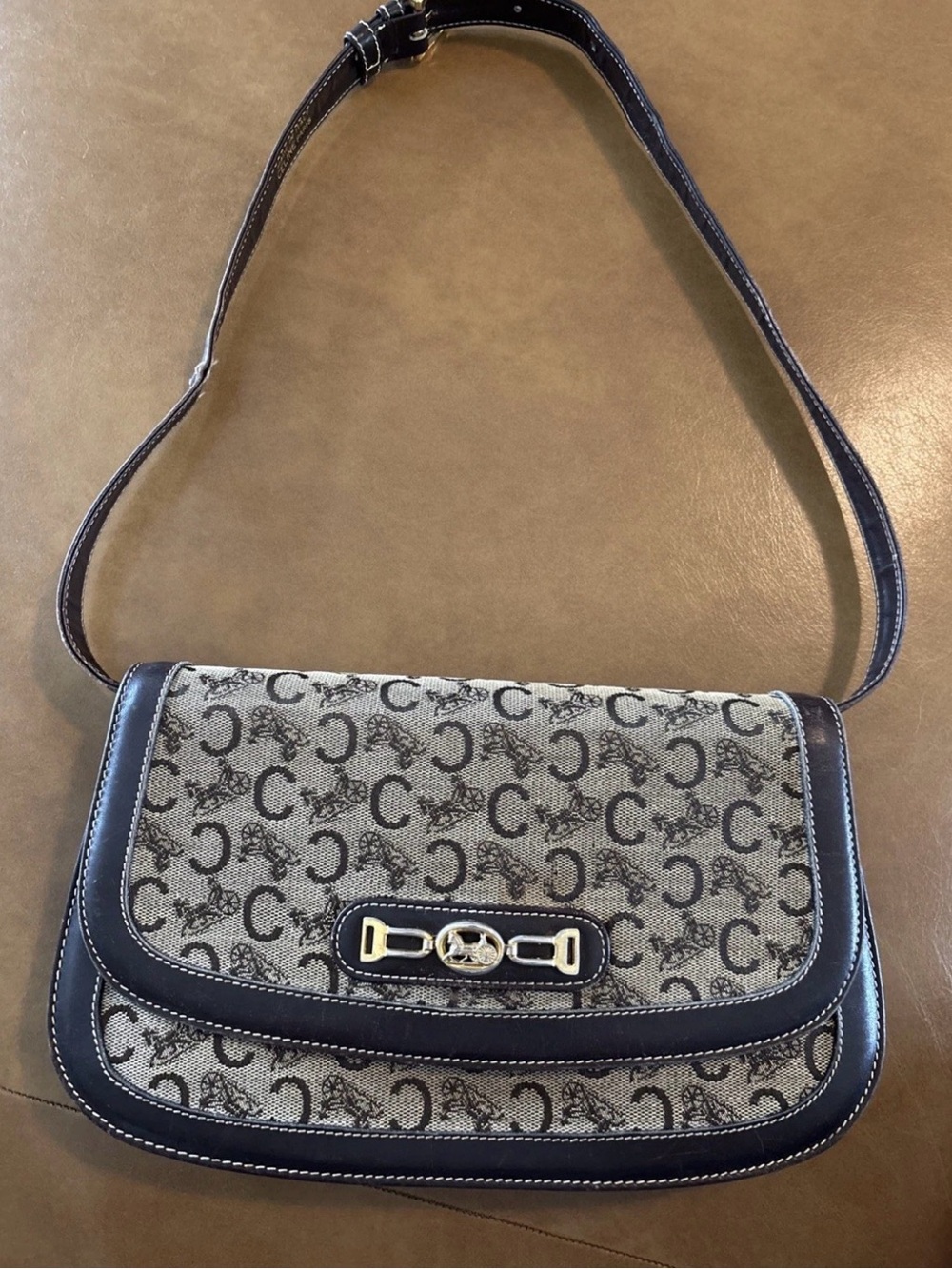 RARE Vintage Celine Horsebit Canvas And Blue Leather Adjustable Shoulder Bag